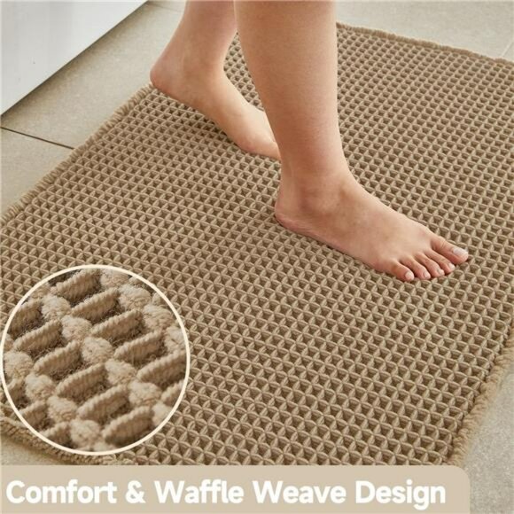 Khaki Waffle Bath Mat 30x20 Boho Bathroom Rug Non Slip Absorbent Quick Dry Washa - Picture 3 of 7